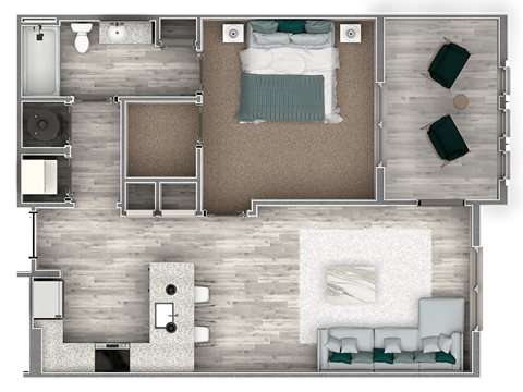 Floor plan for 1 bed, 1 bath, 873 sqft